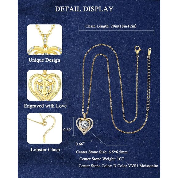 Sterling Silver 1.0 Carat Moissanite Heart Pendant Necklace for Women, Gold Plat - Picture 5 of 6